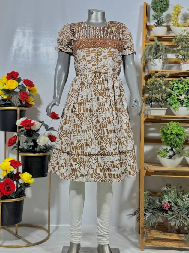 Girls' Printed Frock with Lace Yoke