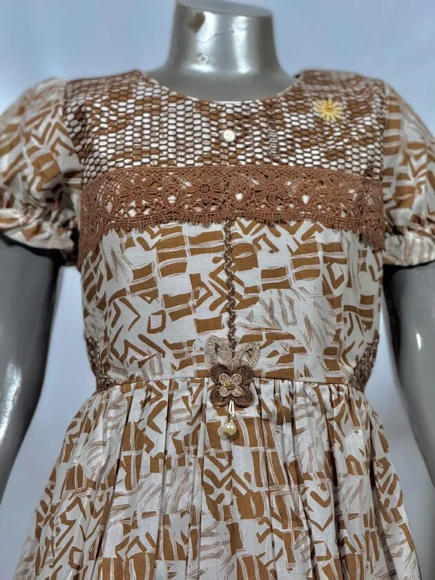 Girls' Printed Frock with Lace Yoke - Image 2