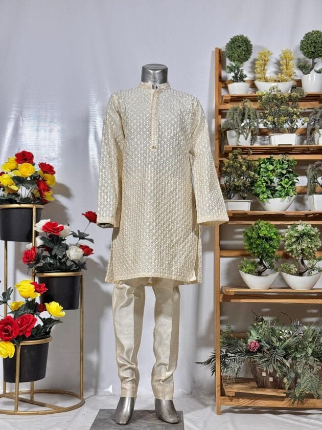 Off-White Jacquard Kurta Shalwar - Image 2