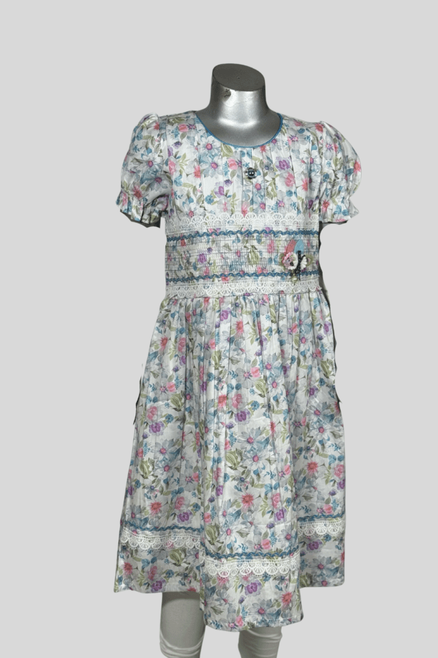 Girls Floral Smocked Frock with Tights - Image 2