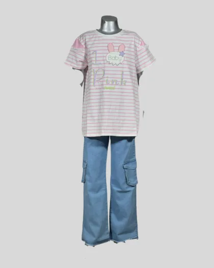 Baby Pink Striped Top with Blue Cargo Jeans – 2 Piece Set