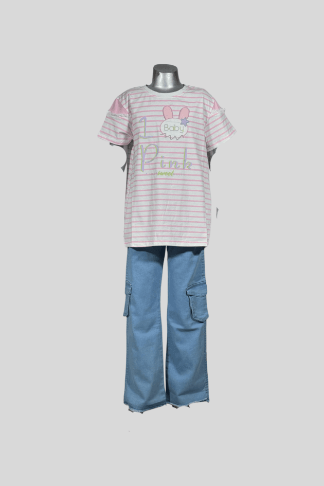 Baby Pink Striped Top with Blue Cargo Jeans – 2 Piece Set