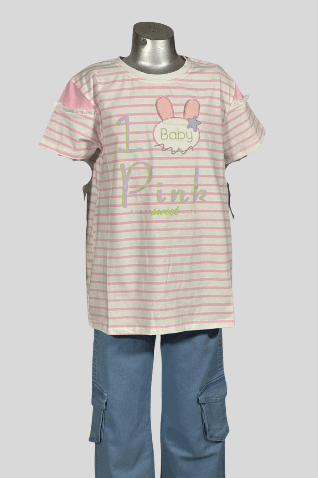 Baby Pink Striped Top with Blue Cargo Jeans – 2 Piece Set - Image 2