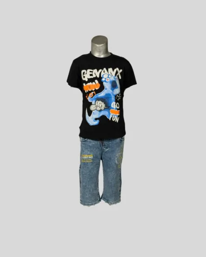 Monster Graphic Tee with Denim Shorts Set